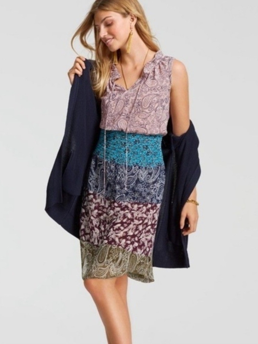 Cabi Paisley Print Boho Smocked Waist Dress in Beige, Black & Turquoise XS